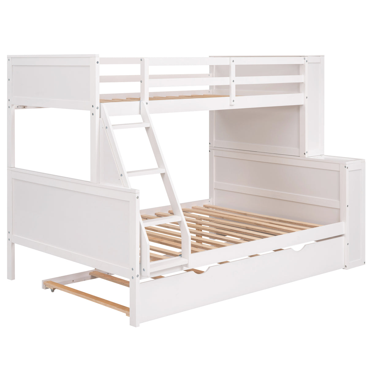 Twin over Full Bunk Bed with Trundle and Shelves, can be Separated into Three Separate Platform Beds, White - Home Elegance USA