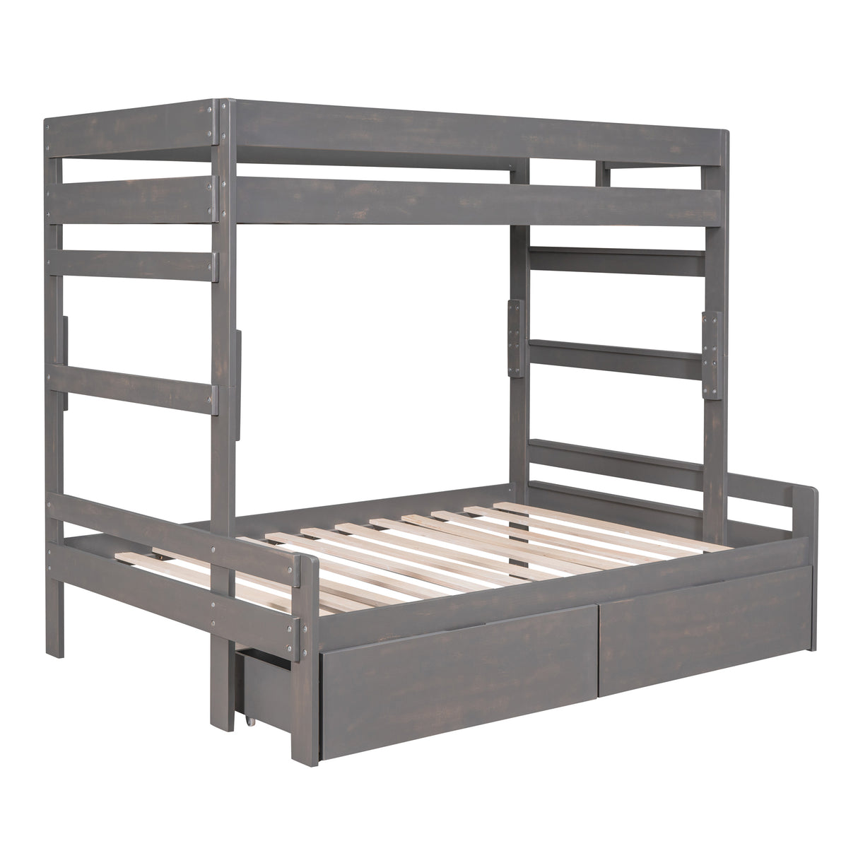 Twin over Full Wood Bunk Bed with 2 Drawers, Gray - Home Elegance USA