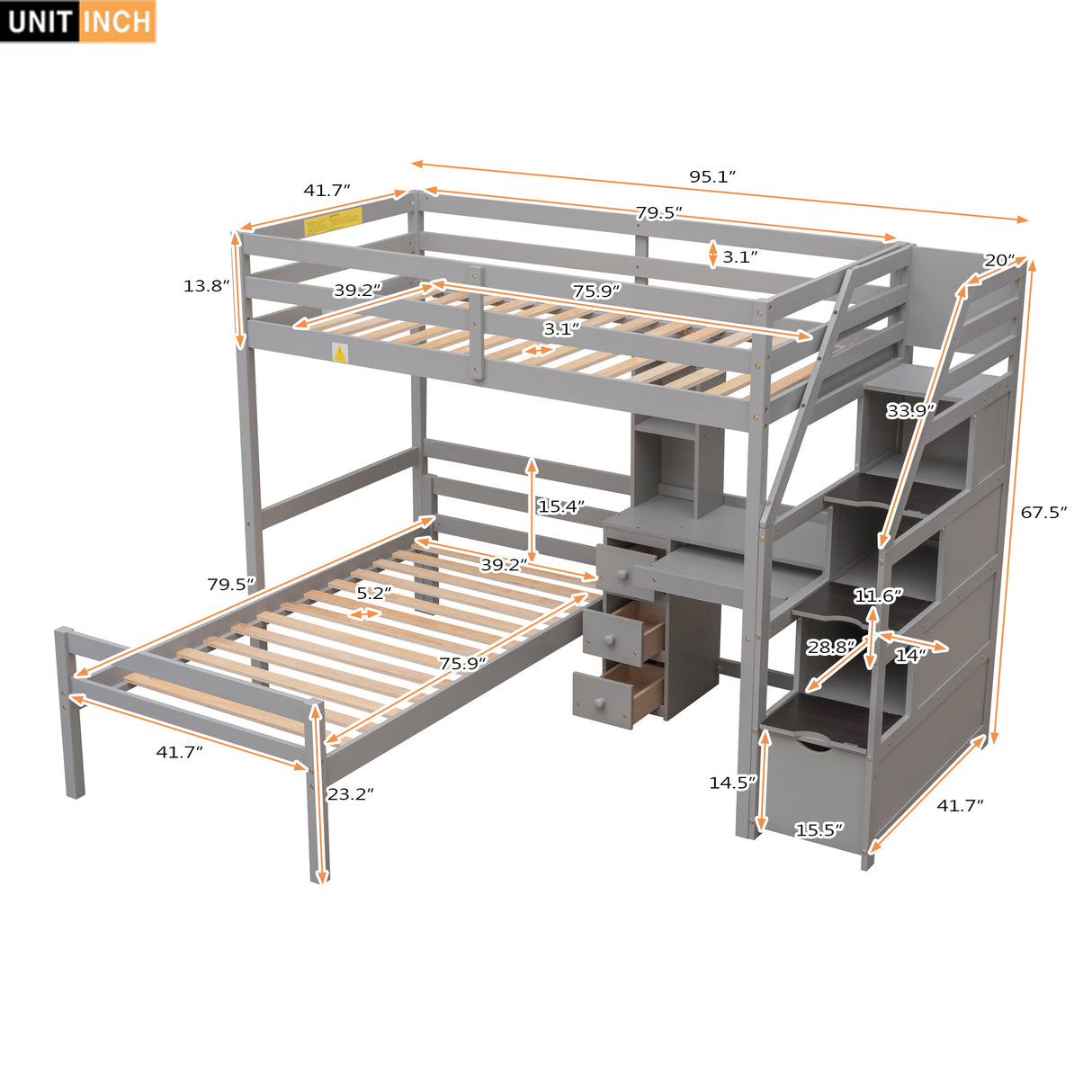 Twin Size Loft Bed with a Stand-alone Bed, Storage Staircase, Desk, Shelves and Drawers, Gray - Home Elegance USA