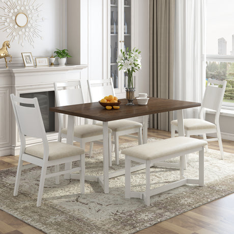 TOPMAX Farmhouse 6-Piece Wood Dining Table Set with 4 Upholstered Chairs and Bench, White - Home Elegance USA