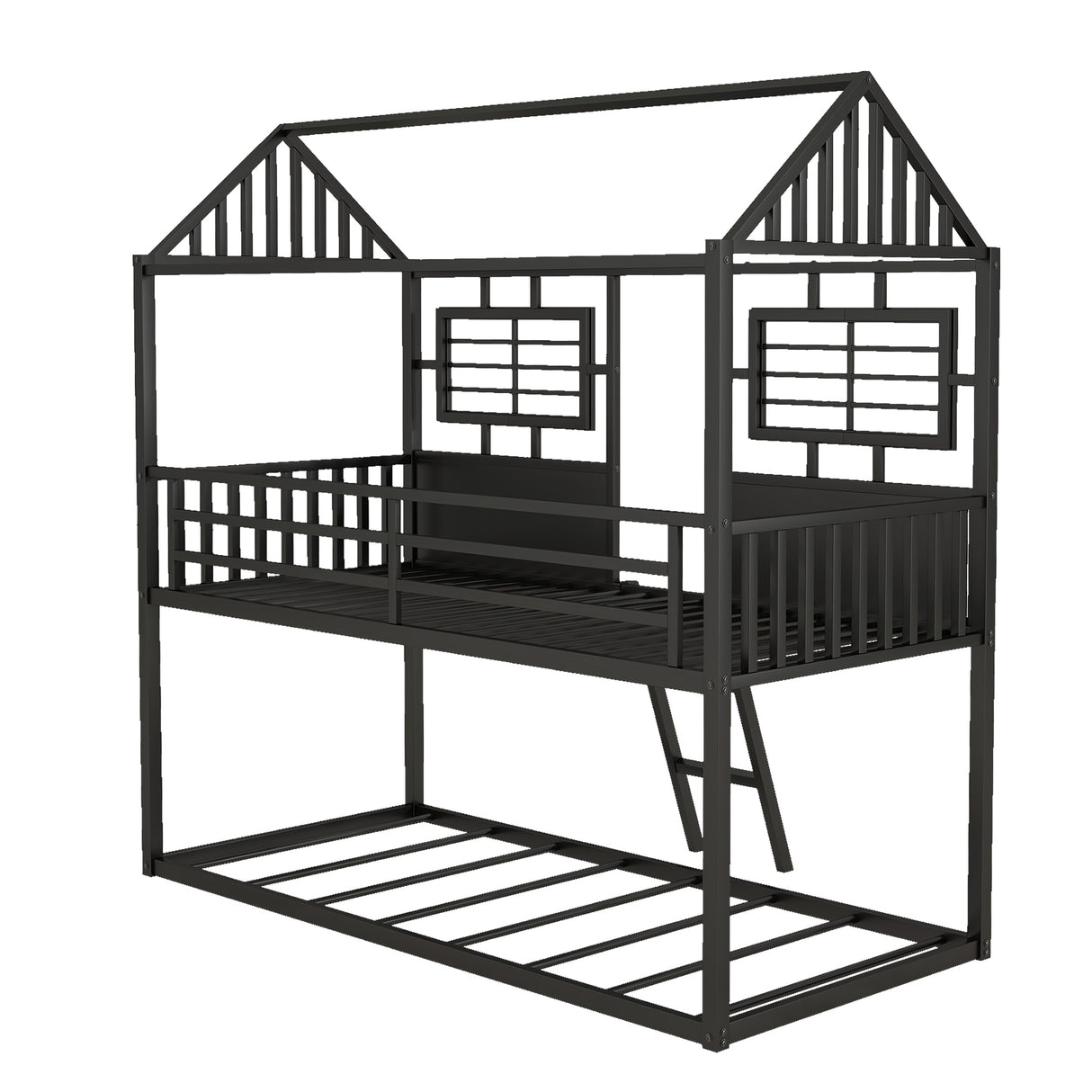 Twin over Twin Size Metal Low Bunk Beds with Roof and Fence-shaped Guardrail, Black - Home Elegance USA