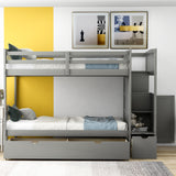 Twin over Full/Twin Bunk Bed, Convertible Bottom Bed, Storage Shelves and Drawers, Gray - Home Elegance USA