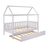 Twin Size House Bed with trundle, Fence-shaped Guardrail, White(New) - Home Elegance USA