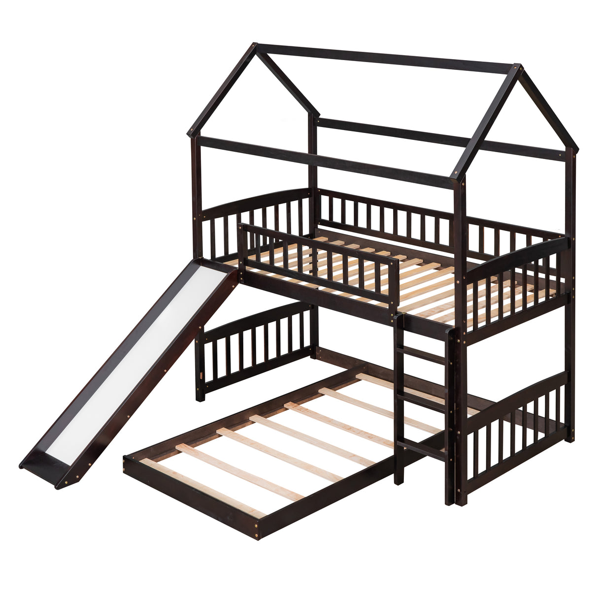 Twin Over Twin Bunk Bed with Slide, House Bed with Slide, Espresso(OLD SKU: LT000214AAP) - Home Elegance USA