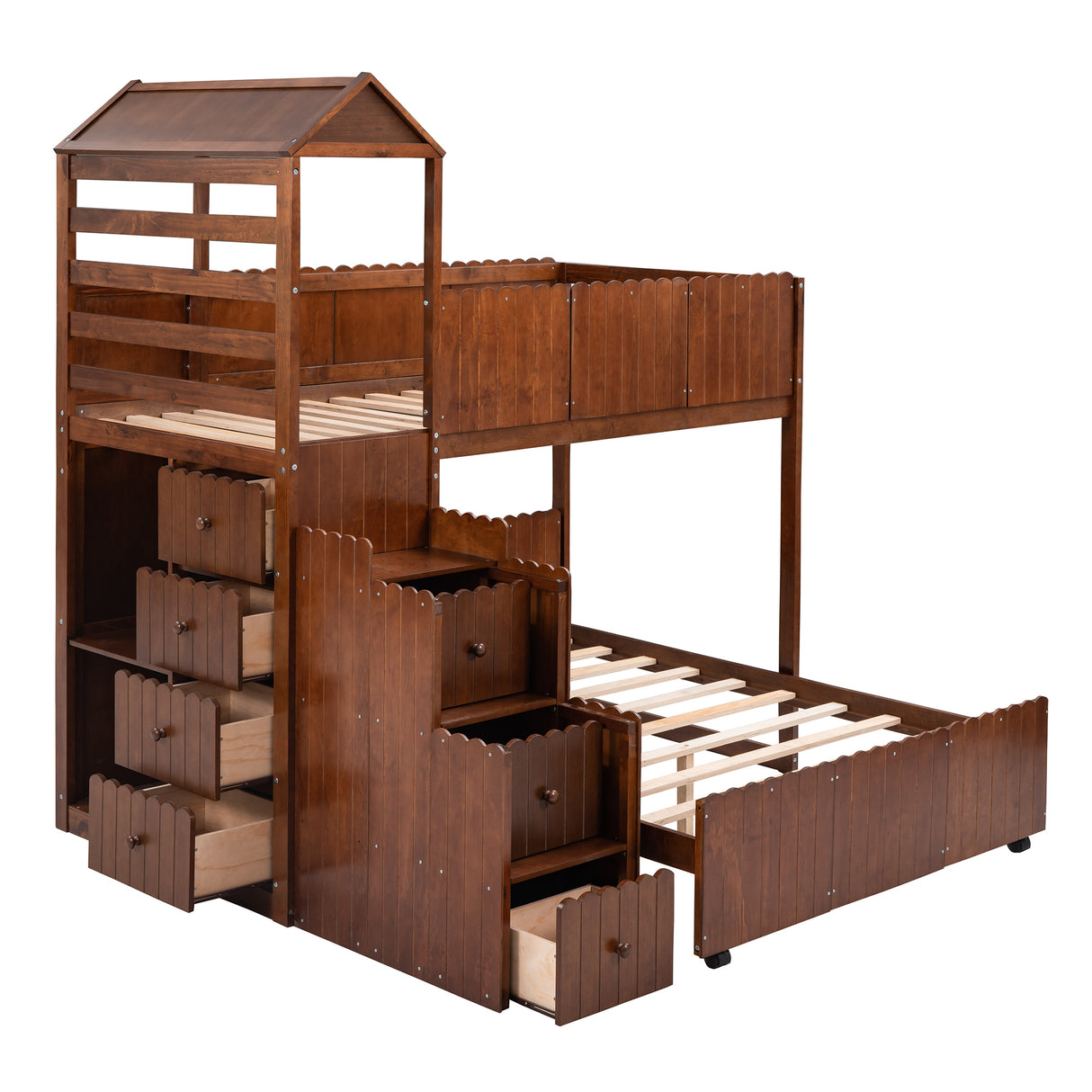 Stairway Twin Over Full Bunk Bed, House Bed with Two Shelves and Seven Drawers,Walnut - Home Elegance USA