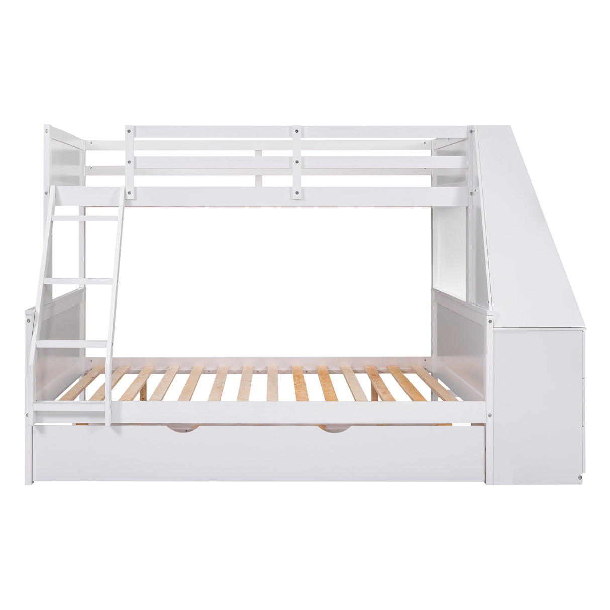 Twin over Full Bunk Bed with Trundle and Built-in Desk, Three Storage Drawers and Shelf,White - Home Elegance USA