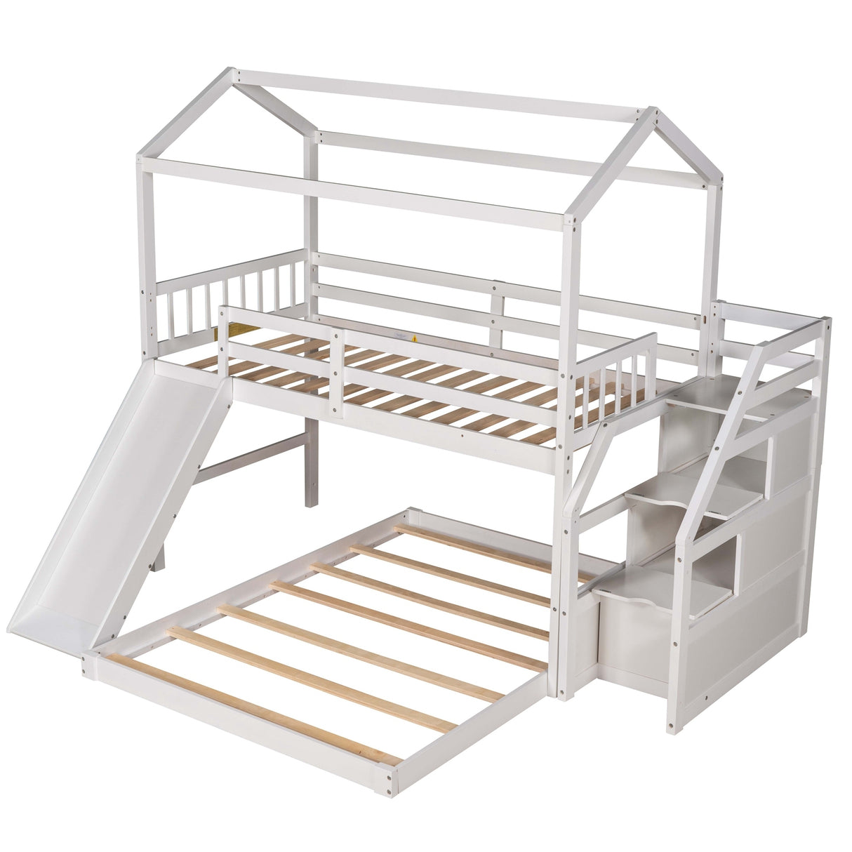 Twin over Full House Bunk Bed with Convertible Slide and Storage Staircase,Full-Length Guardrail,White - Home Elegance USA