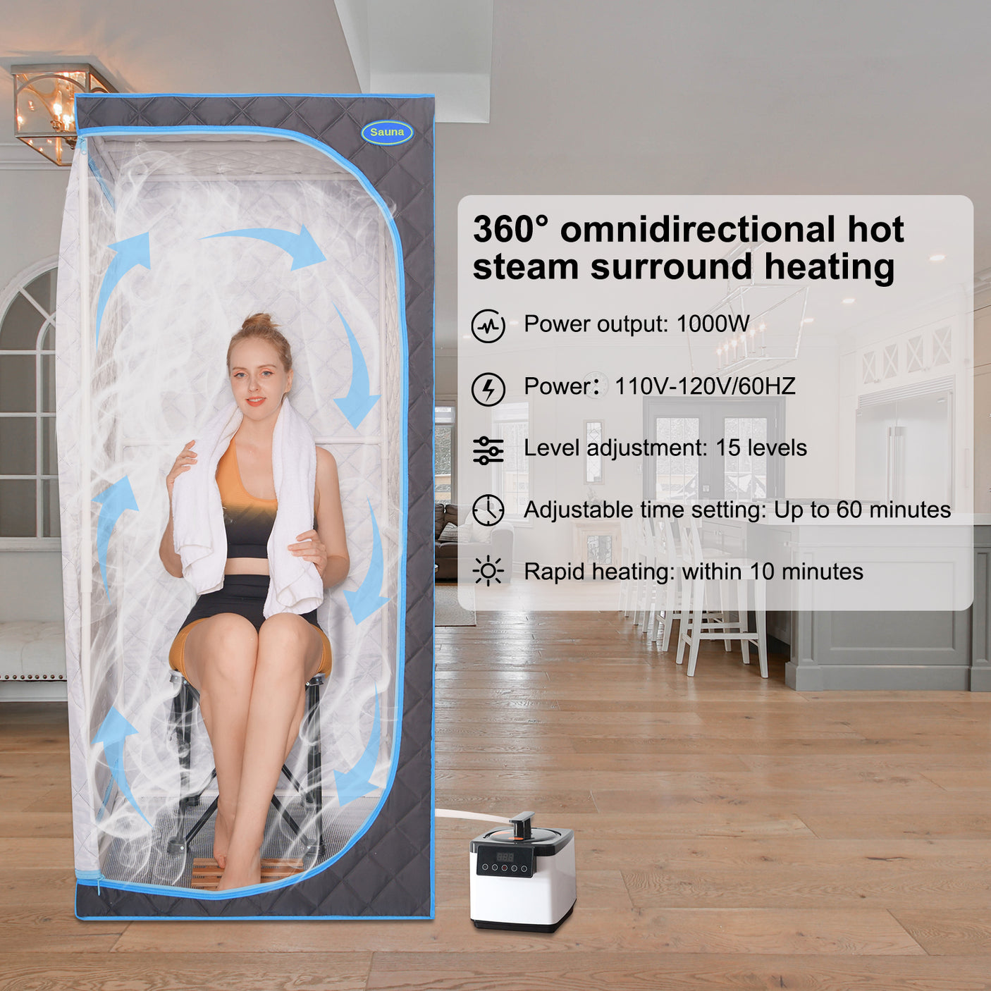 Full Size Portable Black Steam Sauna tent–Personal Home Spa, with Steam Generator, Remote Control, Foldable Chair, Timer and PVC Pipe Connector Easy to Install.Fast heating, with FCC Certification