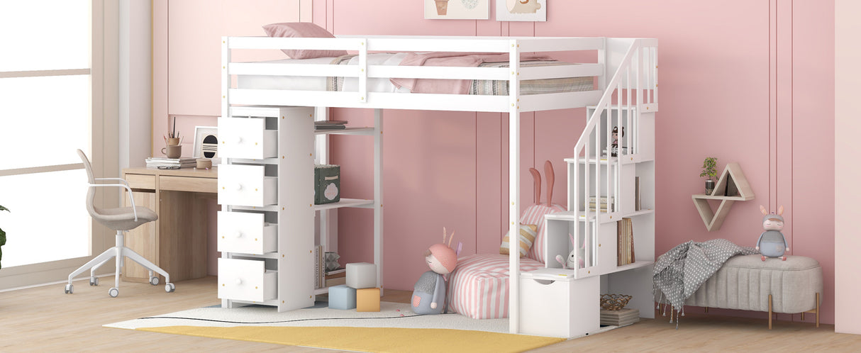 Twin size Loft Bed with Storage Drawers and Stairs, Wooden Loft Bed with Shelves - White - Home Elegance USA