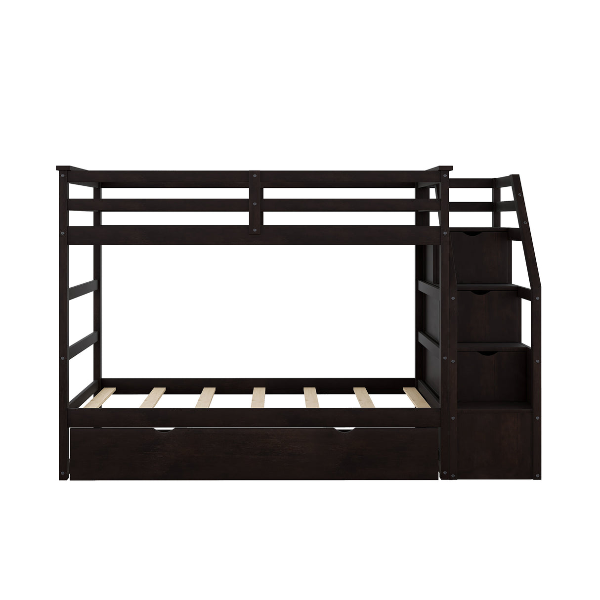 Twin-Over-Twin Bunk Bed with Twin Size Trundle and 3 Storage Stairs,Espresso (OLD SKU :LP000064AAP) - Home Elegance USA