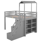 Twin over Full House Roof Bunk Bed with Staircase and Shelves, Gray - Home Elegance USA