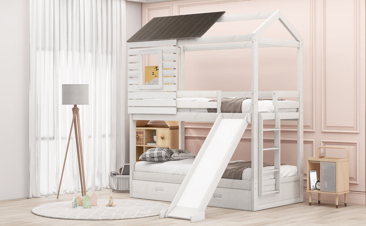 Twin Over Twin Bunk Bed with Two Storage Drawers and Slide, House-Shaped Wood Bunk Bed, Antique White (OLD SKU:LP000089AAK) - Home Elegance USA