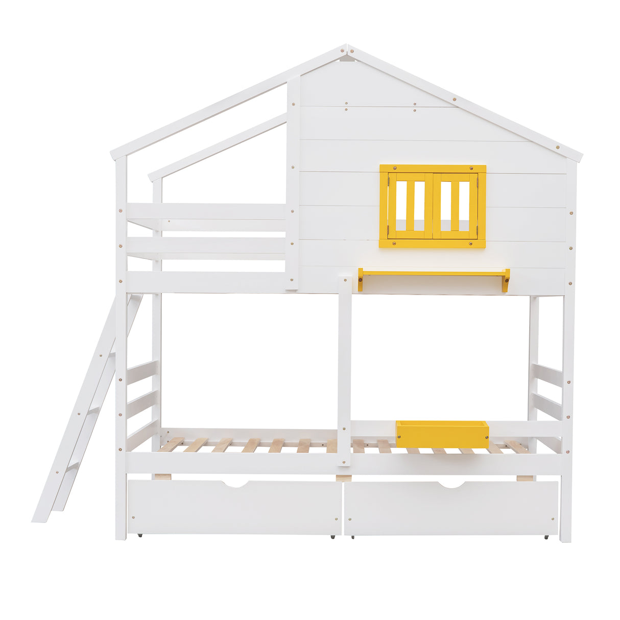 Twin over Twin Bunk Bed with 2 Drawers, 1 Storage Box, 1 Shelf, Window and Roof-White(OLD SKU:LT000608AAK) - Home Elegance USA