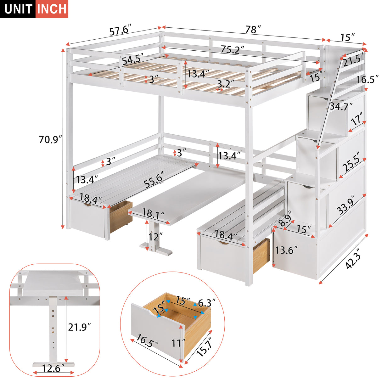 Full over Full Size Bunk Bed with staircase,the Down Bed can be Convertible to Seats and Table Set,White - Home Elegance USA