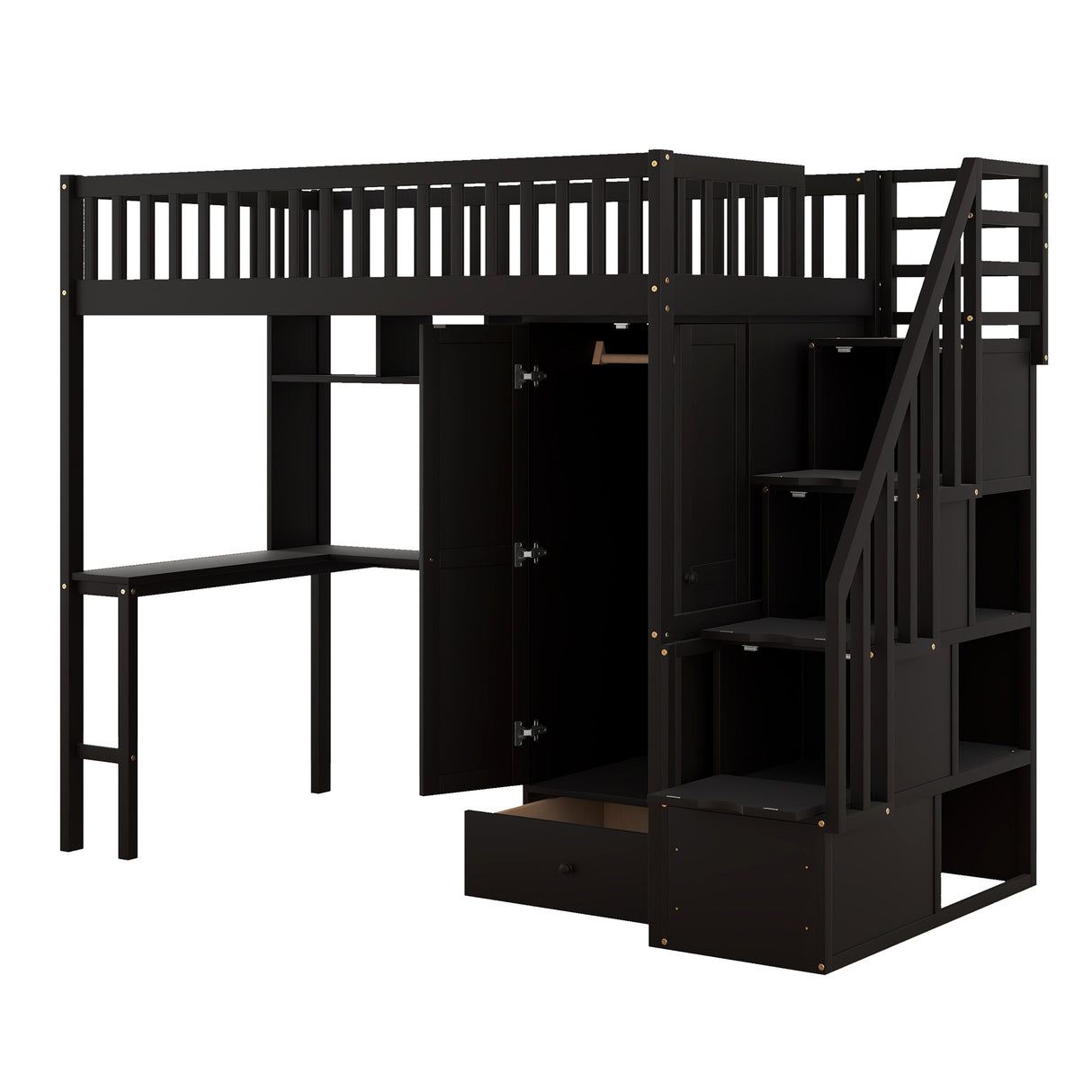 Twin size Loft Bed with Bookshelf,Drawers,Desk,and Wardrobe-Espresso - Home Elegance USA