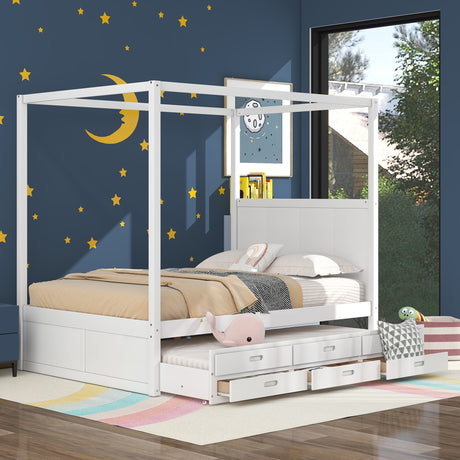 Queen Size Canopy Platform Bed with Twin Size Trundle and Three Storage Drawers,White - Home Elegance USA