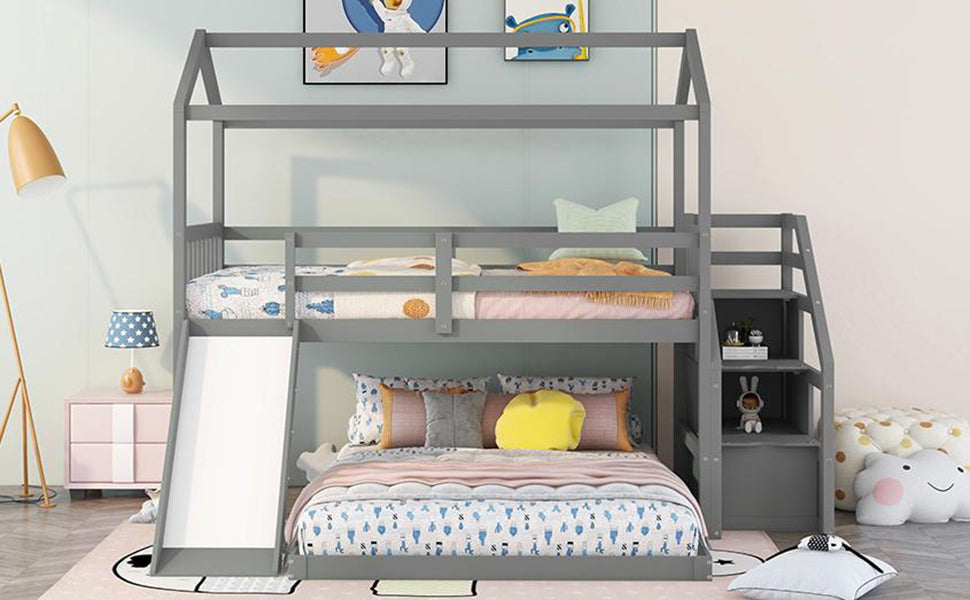 Twin over Full House Bunk Bed with Convertible Slide and Storage Staircase,Full-Length Guardrail,Gray - Home Elegance USA