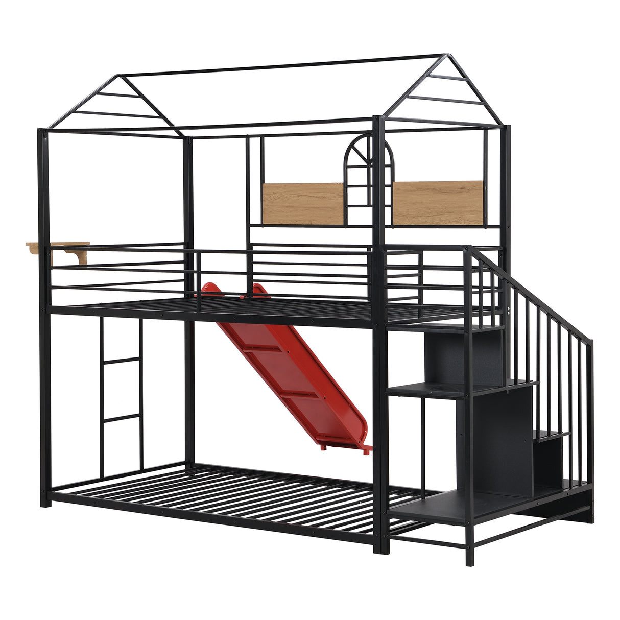 Twin Over Twin Metal Bunk Bed ,Metal Housebed with Slide and Storage Stair,Black with Red Slide(OLD SKU:LP000195AAJ) - Home Elegance USA