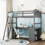 Twin size Loft Bed with Drawers, Cabinet, Shelves and Desk, Wooden Loft Bed with Desk - Gray(OLD SKU :LT000505AAE) - Home Elegance USA