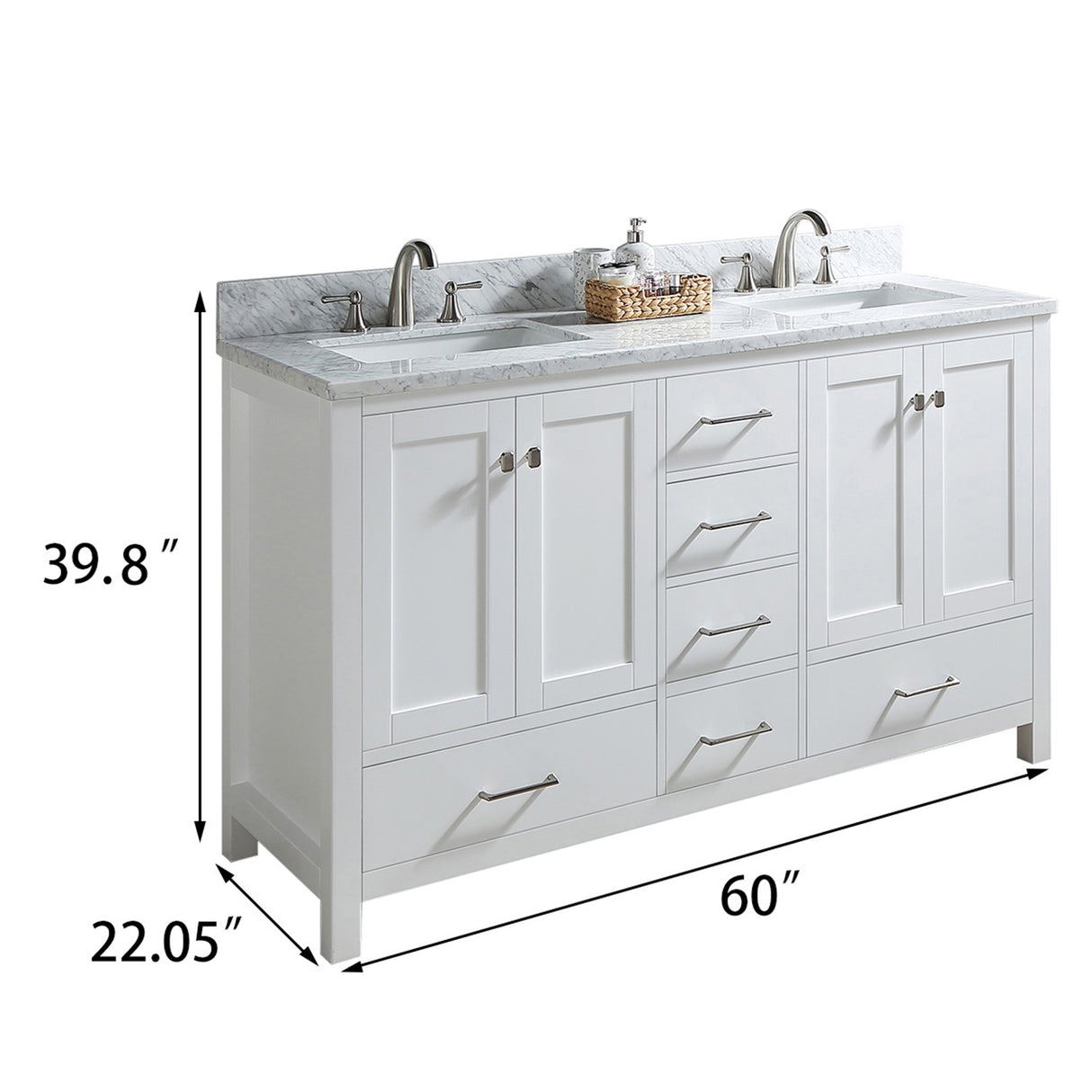 Bathroom Vanity set 60 inches Double sink, Carrara White Marble Countertop Without Mirror