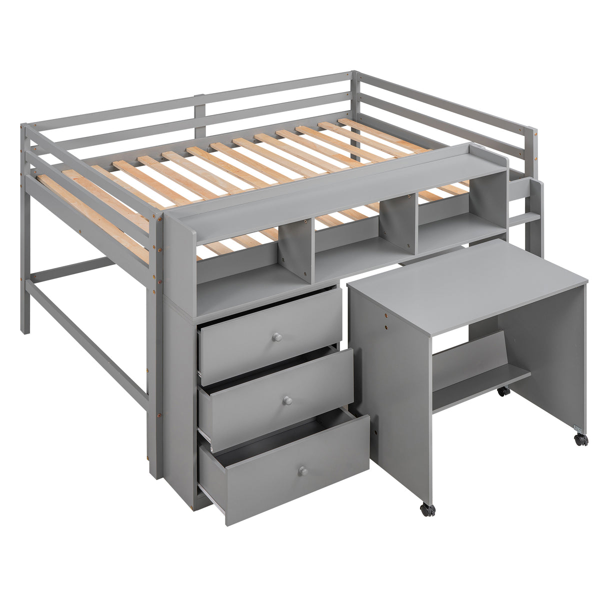 Full Size Low Loft Bed with Rolling Portable Desk, Drawers and Shelves,  Gray - Home Elegance USA