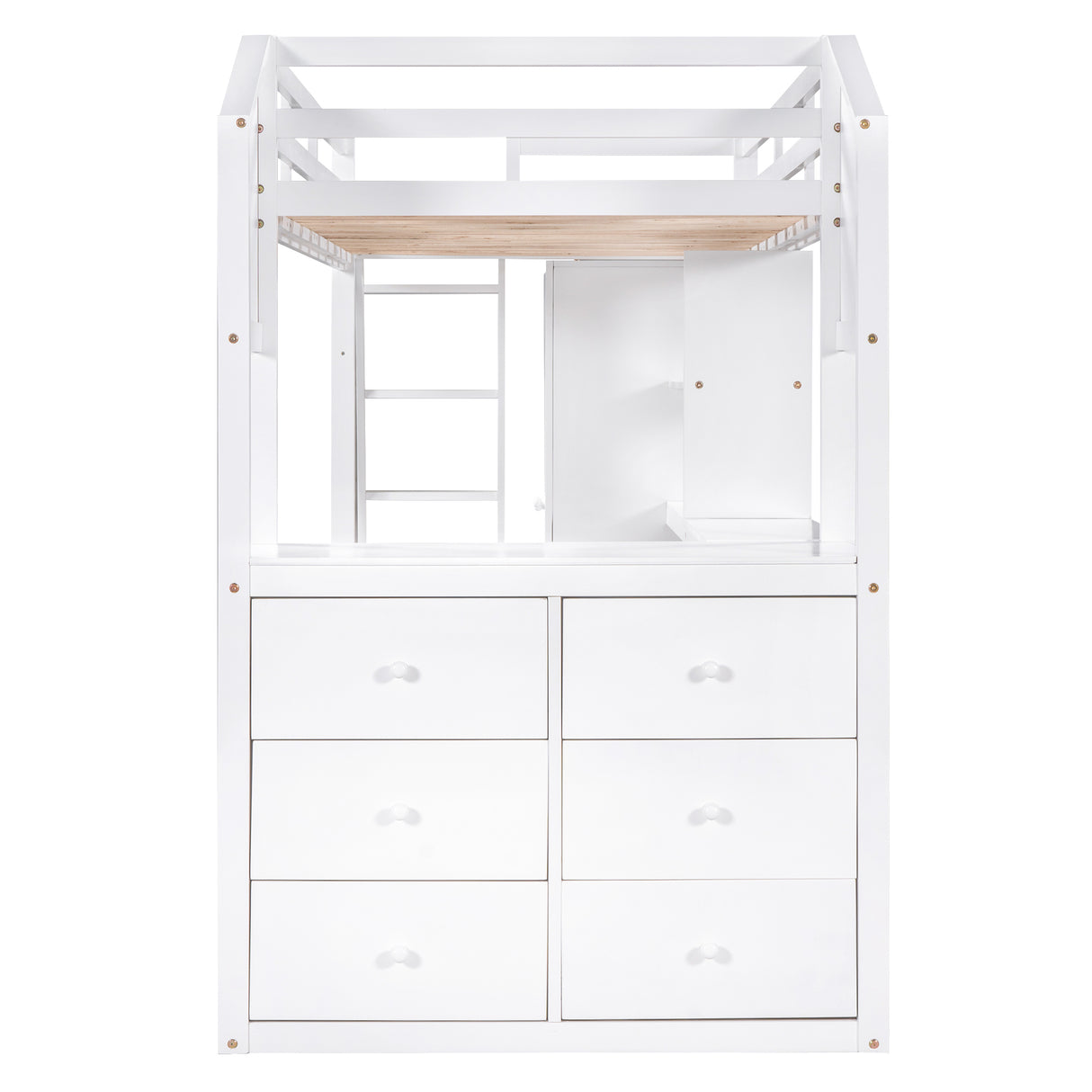 Twin Size Loft Bed with Wardrobe and Drawers, attached Desk with Shelves, White - Home Elegance USA