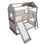 Twin Over Twin Bunk Bed Wood Bed with Roof, Window, Slide, Ladder ,Antique Gray(OLD SKU:LP000059AAE) - Home Elegance USA