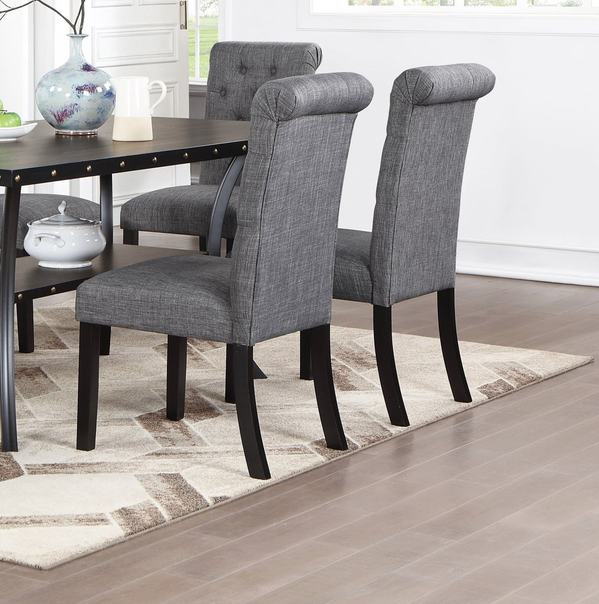 Classic Dining Room Furniture Natural Wooden Rectangle Top Dining Table 6x Side Chairs Charcoal Fabric Tufted Toll Back Top Back Chair Nail heads Trim and Storage Shelve 7pc Dining Set - Home Elegance USA