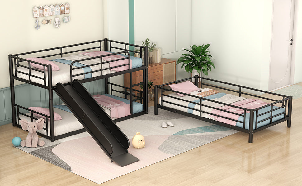 Twin Size Metal Bunk Bed with Ladders and Slide, Divided into Platform and Loft Bed, Black - Home Elegance USA