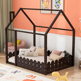 （Slats are not included) Full Size Wood Bed House Bed Frame with Fence, for Kids, Teens, Girls, Boys (Espresso )（OLD SKU:WF281294AAP）