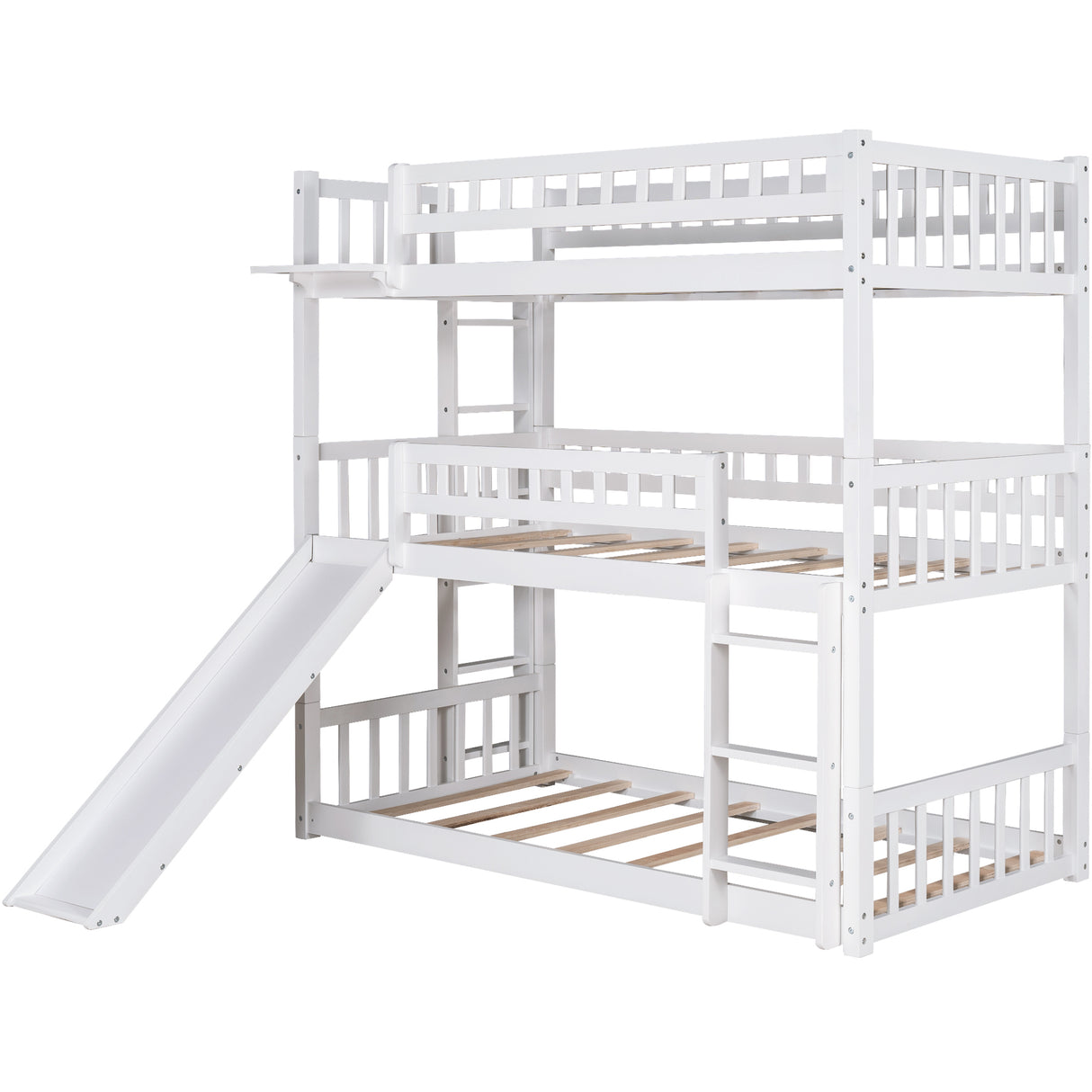 Twin-Over-Twin-Over-Twin Triple Bed with Built-in Ladder and Slide , Triple Bunk Bed with Guardrails, White - Home Elegance USA