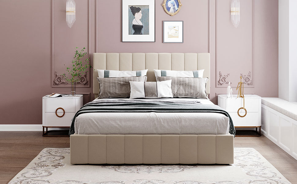 Gray Queen Size Upholstered Platform Bed with A Hydraulic Storage System