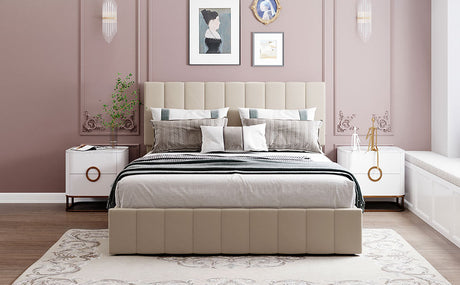 Queen size Upholstered Platform bed with a Hydraulic Storage System - Beige - Home Elegance USA