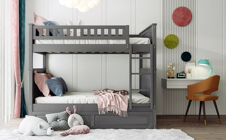 Full Over Full Bunk Bed with Twin Size Trundle, Pine Wood Bunk Bed with Guardrails, Brushed Gray(Old SKU：LP000044AAN)