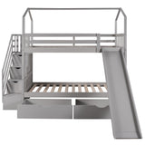 Twin over Twin House Bunk Bed with Two Drawers and Slide,Storage Staircase,Gray - Home Elegance USA