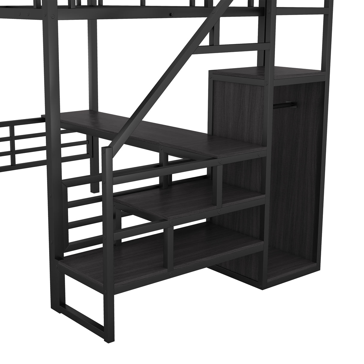 Full Size Metal Loft Bed with Desk, Storage Staircase and Small Wardrobe, Storage stairs can be installed left and right,Black - Home Elegance USA