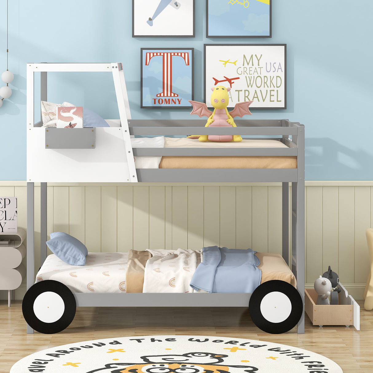 Twin over Twin Car-Shaped Bunk Bed with Wheels, Drawers and Shelves, Gray (Expected Arrival Time:7.30) - Home Elegance USA