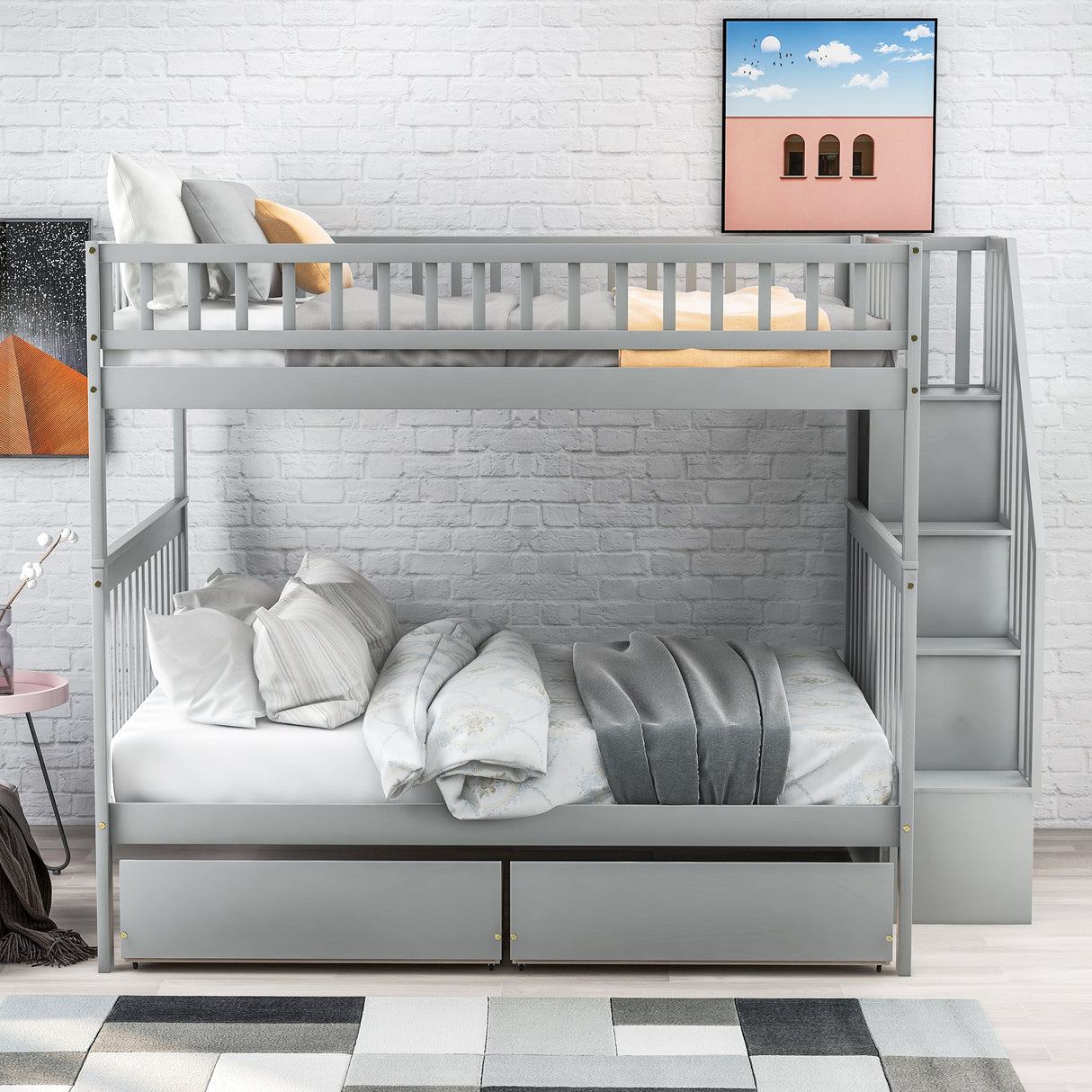 Full over Full Bunk Bed with Two Drawers and Storage, Gray - Home Elegance USA