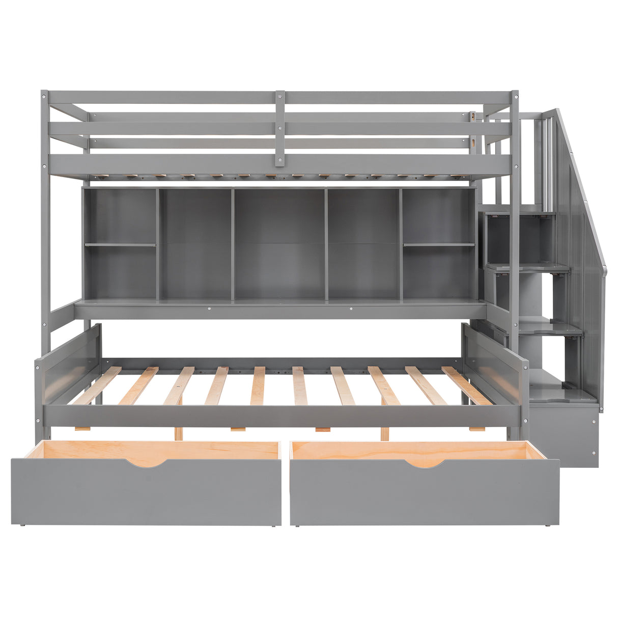 Twin XL over Full Bunk Bed with Built-in Storage Shelves, Drawers and Staircase,Gray - Home Elegance USA