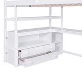 Full Size Loft Bed with Desk and Shelves, Two Built-in Drawers, Storage Staircase, White