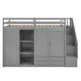 Functional Loft Bed with 3 Shelves, 2 Wardrobes and 2 Drawers,  Ladder with Storage, No Box Spring Needed, Gray - Home Elegance USA