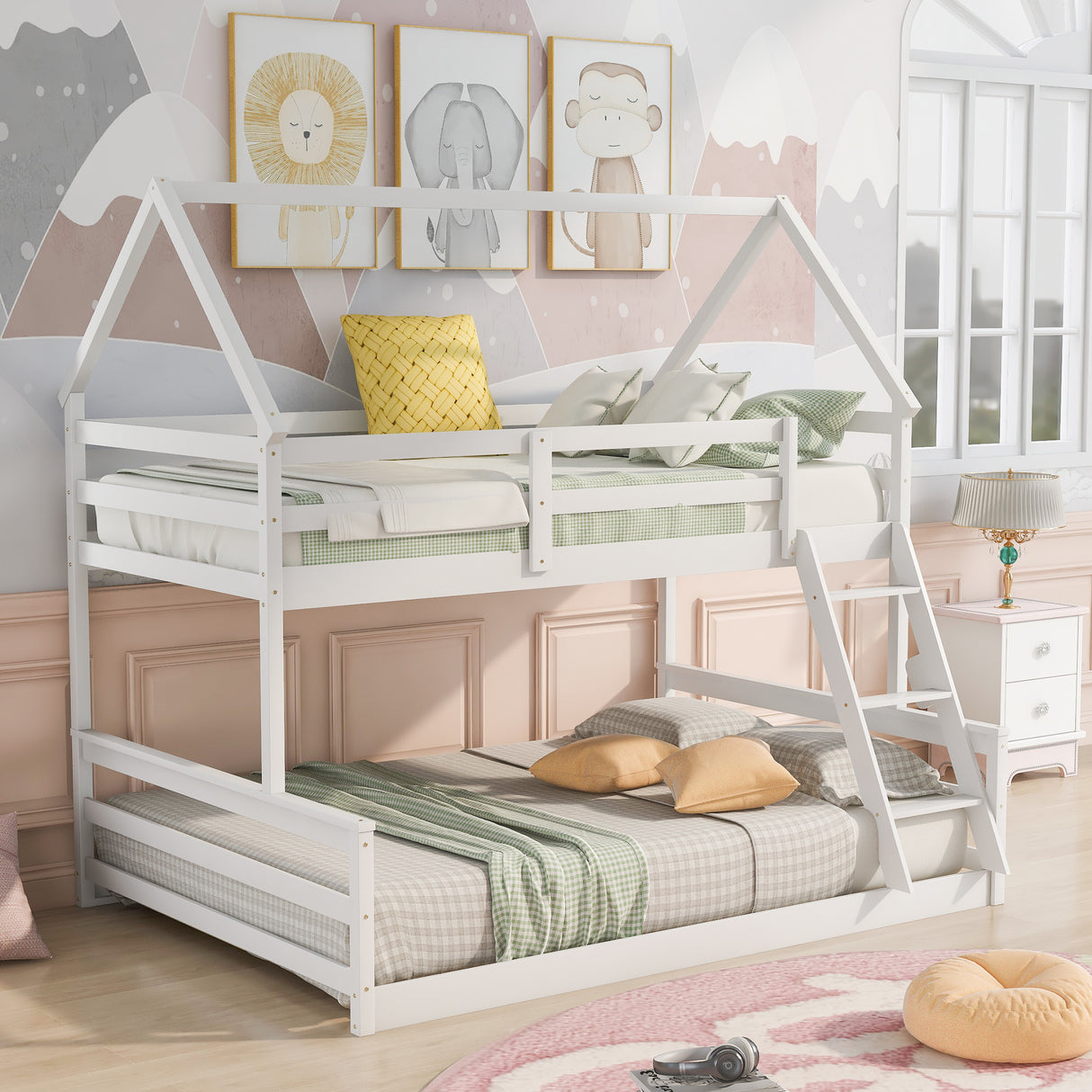 Twin over Full House Bunk Bed with Built-in Ladder,White - Home Elegance USA