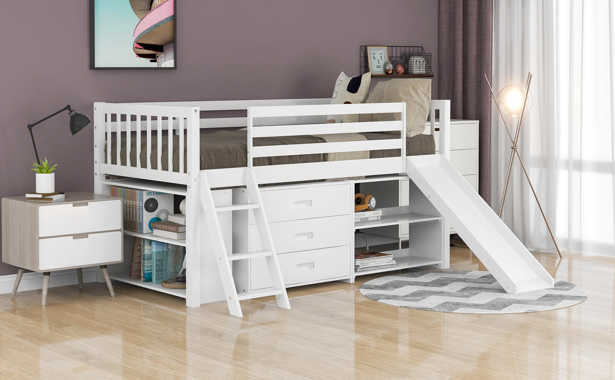 Low Loft Bed with Attached Bookcases and Separate 3-tier Drawers,Convertible Ladder and Slide,Twin,White - Home Elegance USA