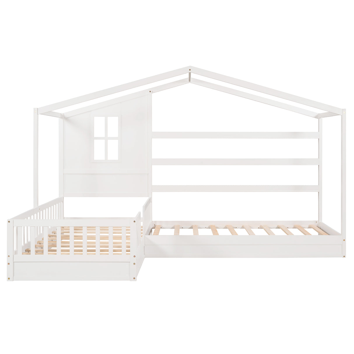 Wood House Bed Twin Size, 2 Twin Solid Bed L structure with fence and slatted frame （White) - Home Elegance USA