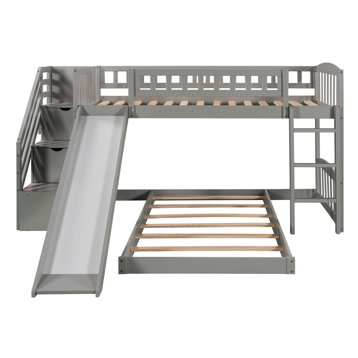 Stairway Twin over Twin Bunk Bed with Two Drawers and Slide, Gray(OLD SKU :LP000156AAE) - Home Elegance USA