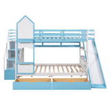 Full-Over-Full Castle Style Bunk Bed with 2 Drawers 3 Shelves and Slide - Blue