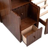 Stairway Twin Over Full Bunk Bed, House Bed with Two Shelves and Seven Drawers,Walnut - Home Elegance USA