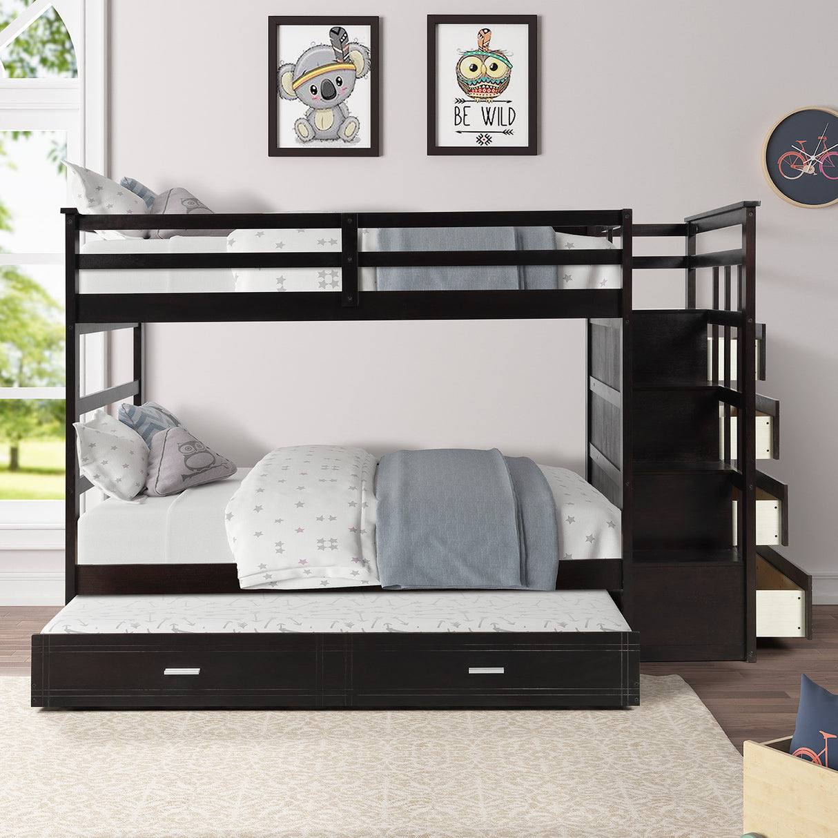 Solid Wood Bunk Bed , Hardwood Twin Over Twin Bunk Bed with Trundle and Staircase, Natural Espresso Finish (OLD SKU: LP000068AAP) - Home Elegance USA