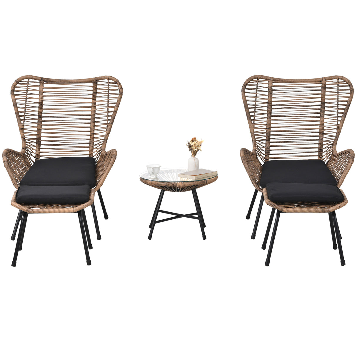TOPMAX Outdoor Patio 5-Piece Rattan Conversation Set, PE Wicker Arm Chairs with Stools and Tempered Glass Tea Table for Balcony, Natural Rattan+Dark Gray
