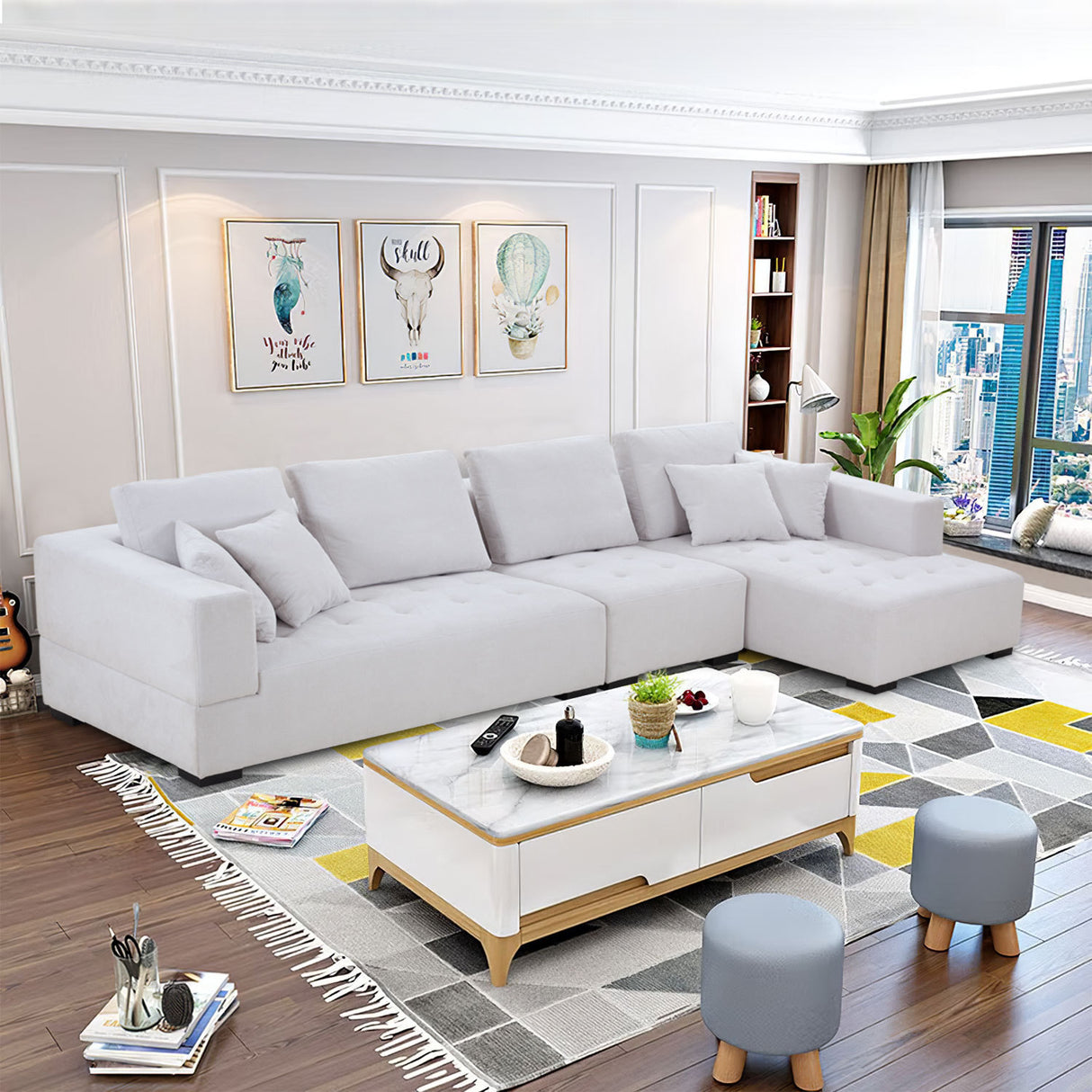 Right Chaise 134'' Mid Century Modern Sofa Couch for Living Room Sofa, Beige - Home Elegance USA